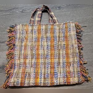 Rag Rug Tote Bag Purse Multi Color Fringed w/ Pocket Lined Boho